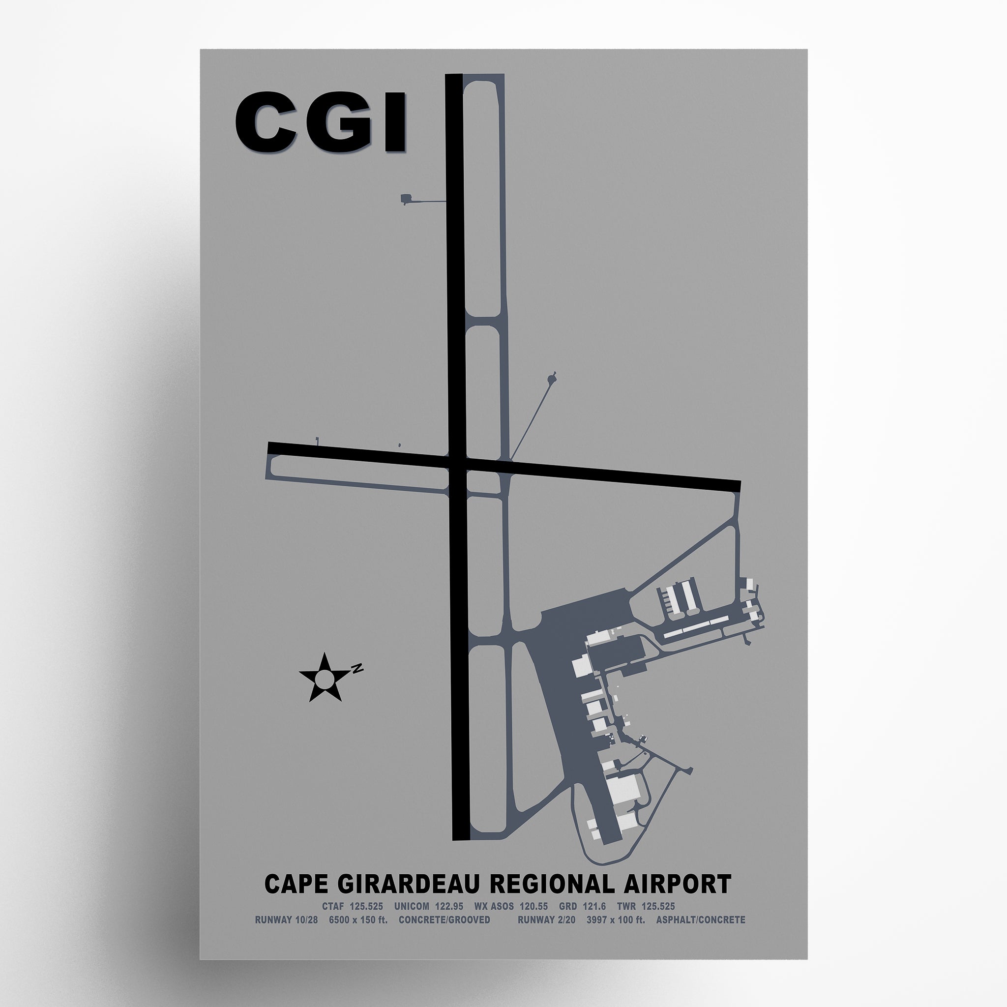 Map of Cape Girardeau Regional Airport with 'CGI' branding on a gray background
