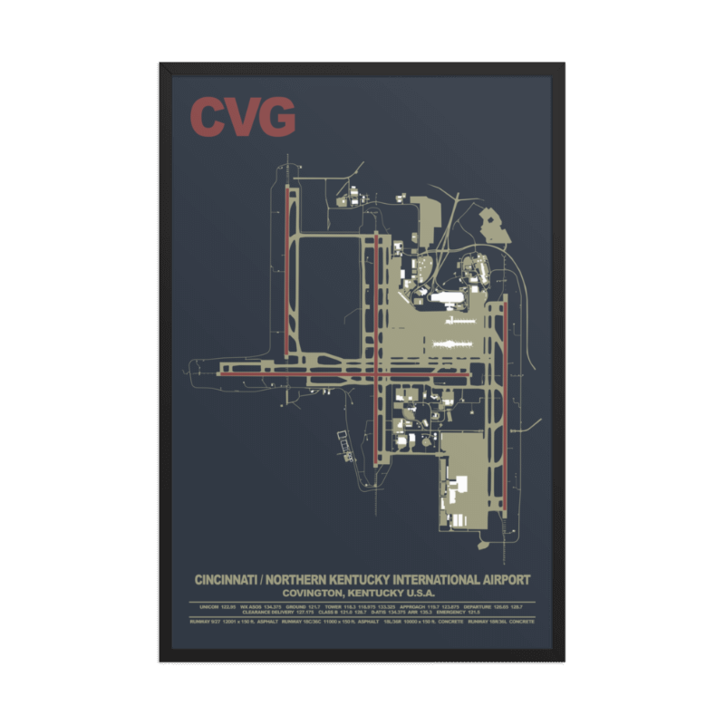 Framed map of Cincinnati/Northern Kentucky International Airport with 'CVG' on a dark blue background.