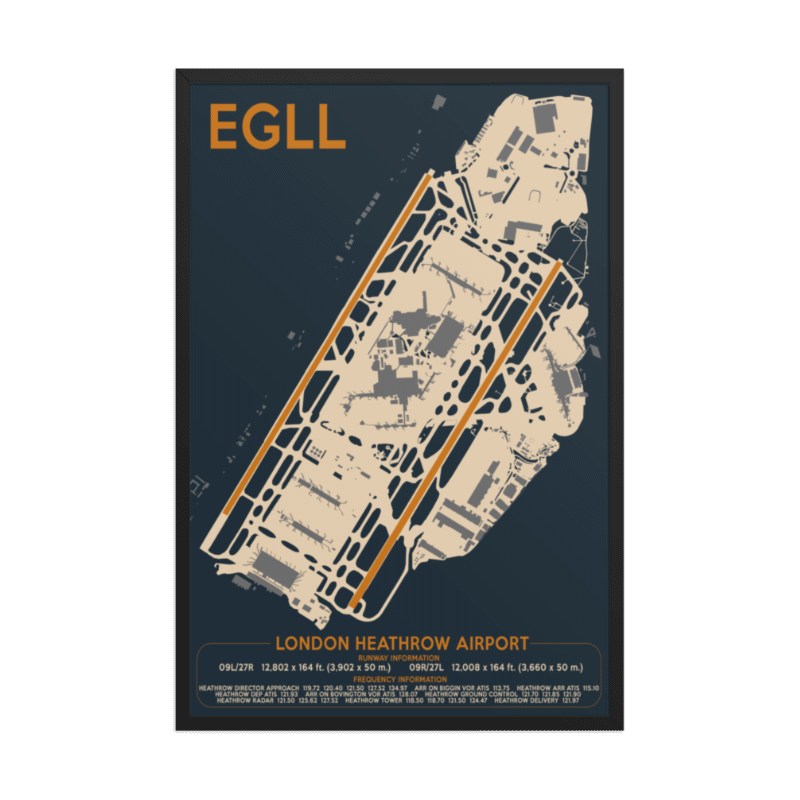 Map of London Heathrow Airport with 'EGLL' designation on a dark blue background