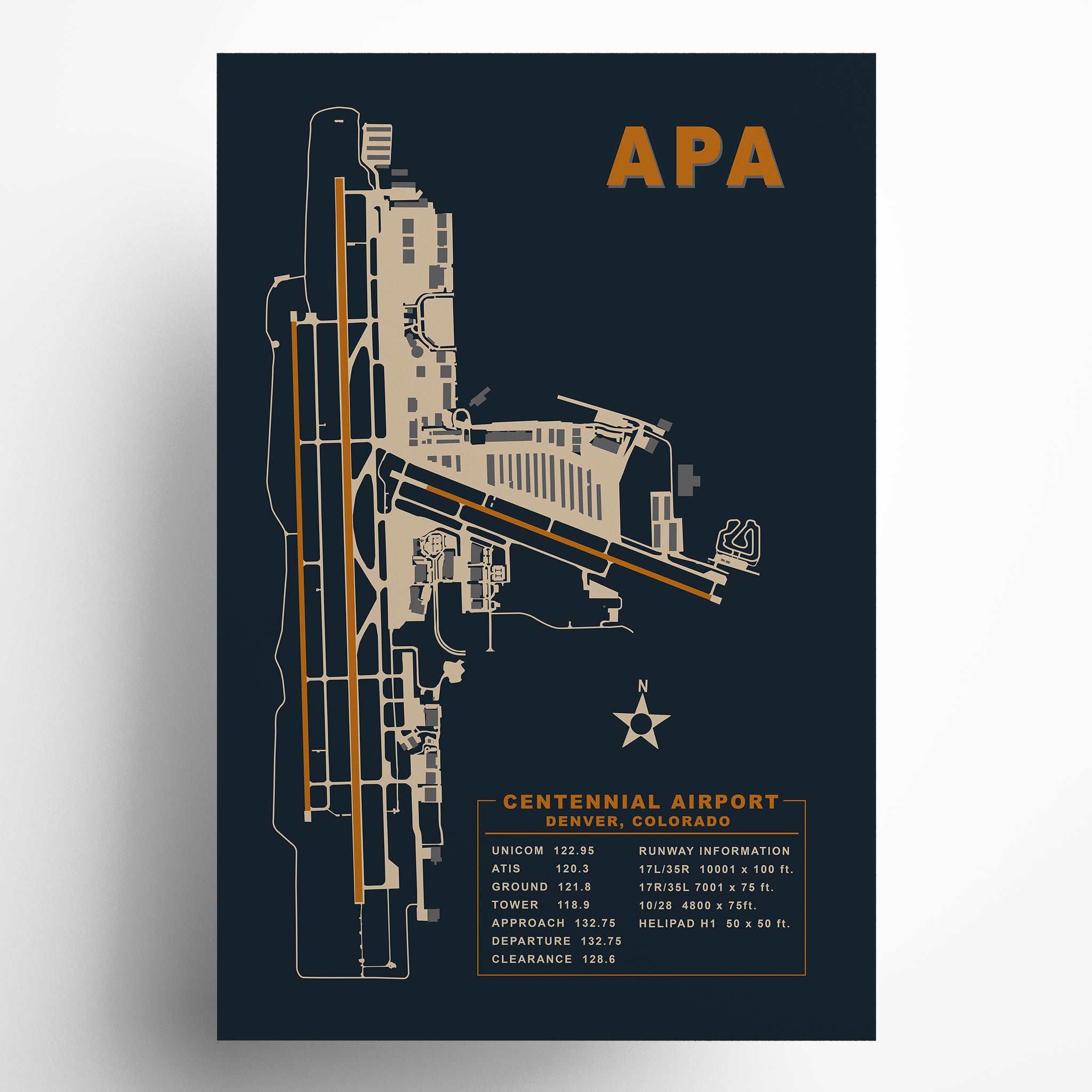 Poster of Centennial Airport layout with APA branding on a dark background
