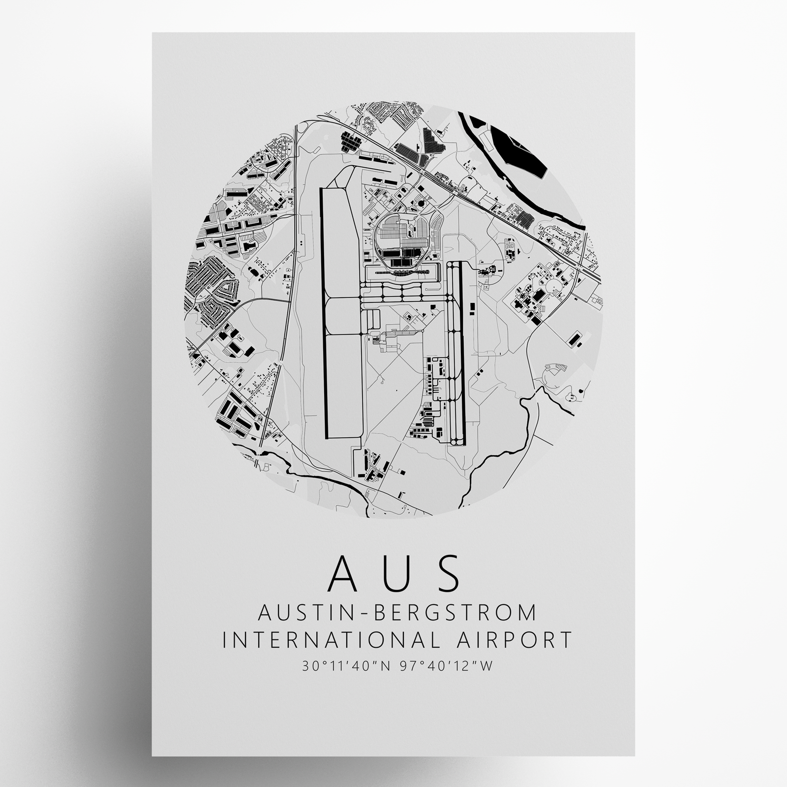 KAUS Austin-Bergstrom International Airport B&W Map Print