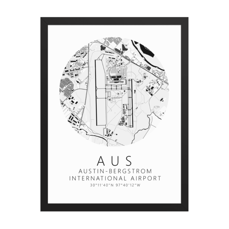 KAUS Austin-Bergstrom International Airport B&W Map Print