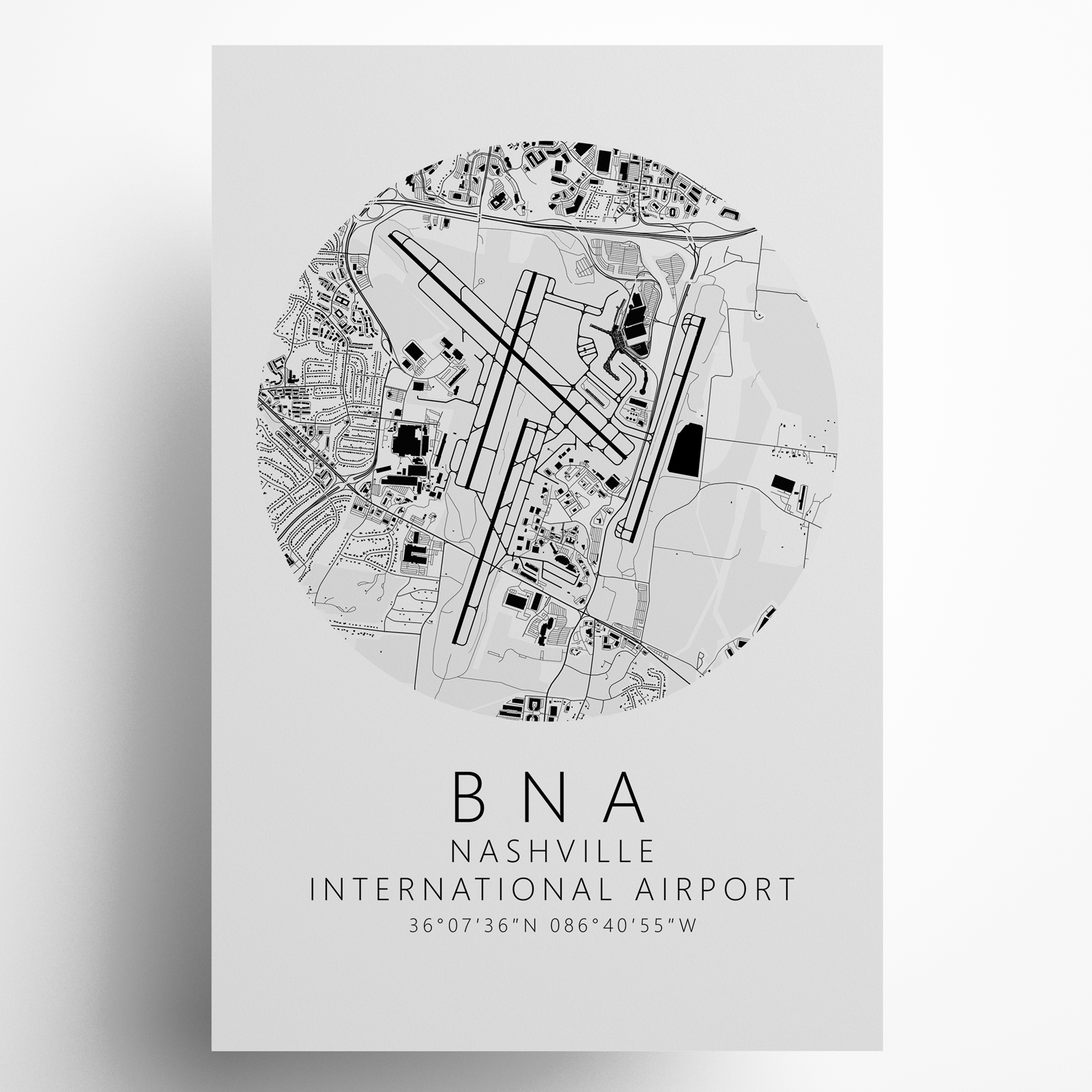 KBNA Nashville International Airport B&W Map Print