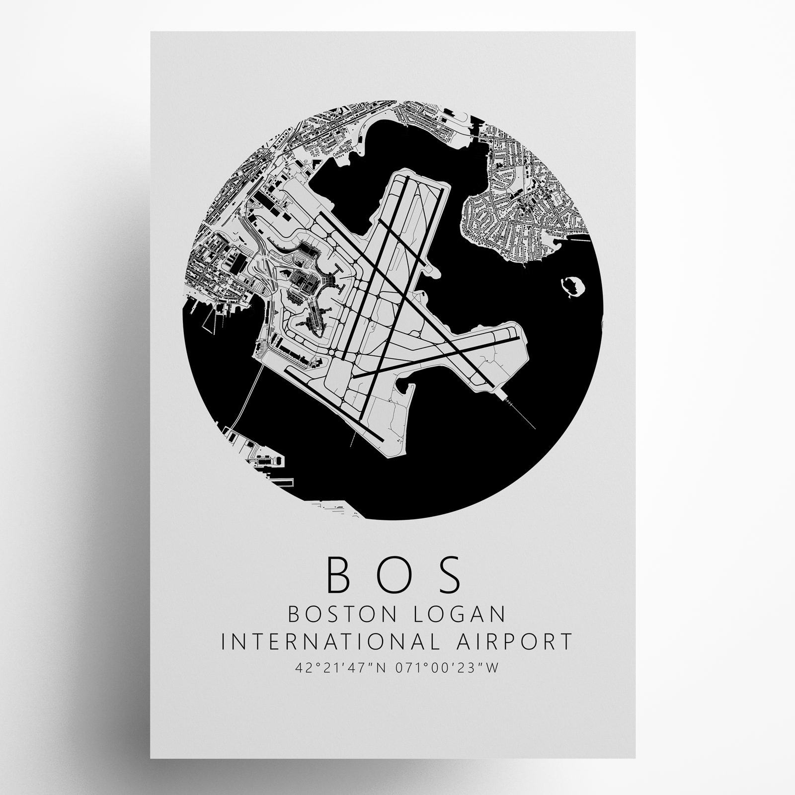 KBOS Boston Logan International Airport B&W Map Print