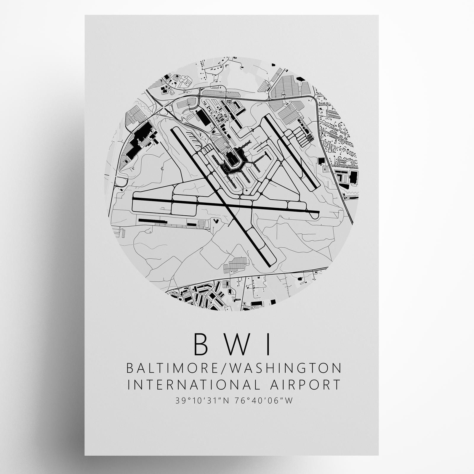 KBWI Baltimore Washington International Airport B&W Map Print