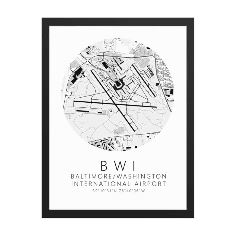 KBWI Baltimore Washington International Airport B&W Map Print
