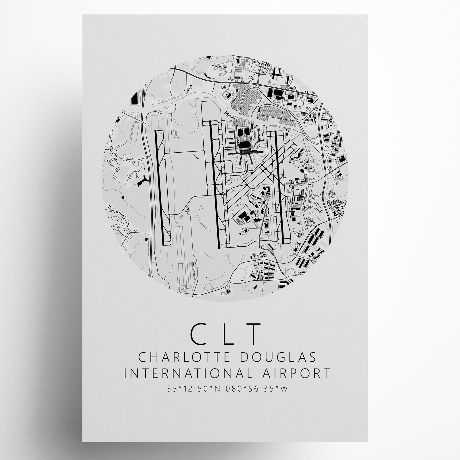 KCLT Charlotte Douglas International Airport B&W Map Print