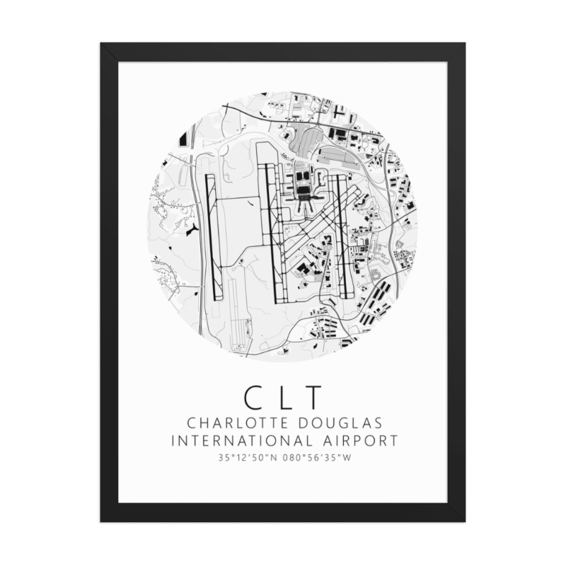 KCLT Charlotte Douglas International Airport B&W Map Print