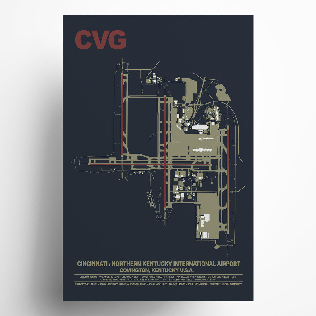Airport map poster with 'CVG' and airport details on a dark background