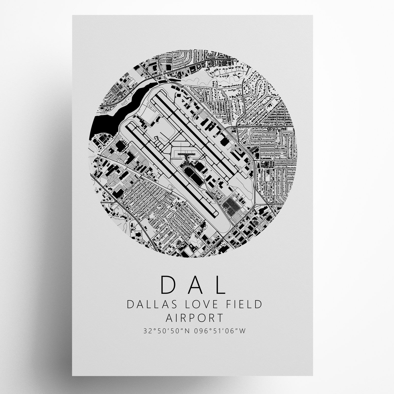 KDAL Dallas Love Field Airport B&W Map Print