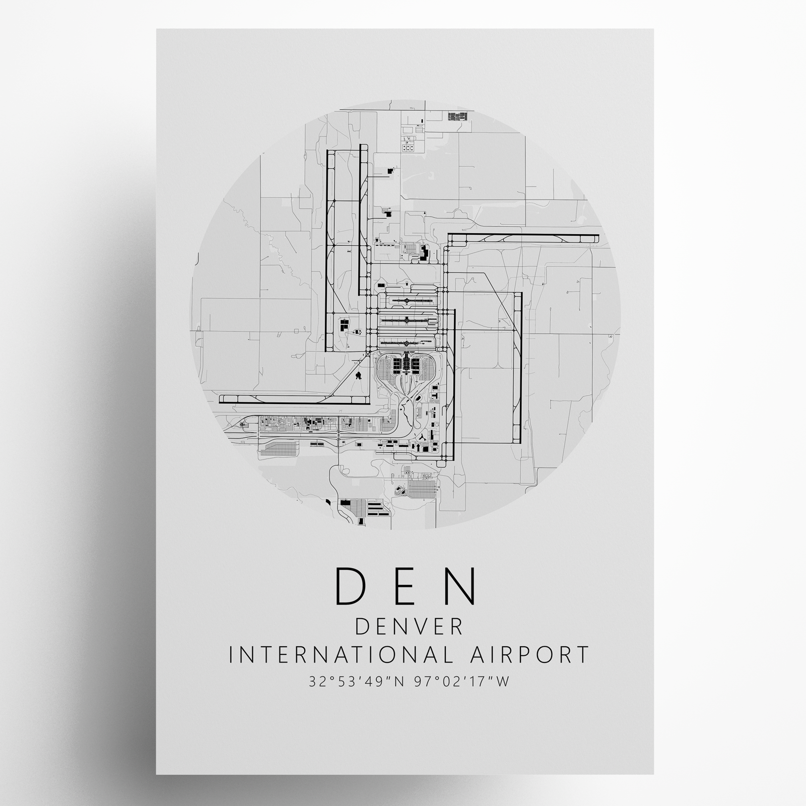 KDEN Denver International Airport B&W Map Print