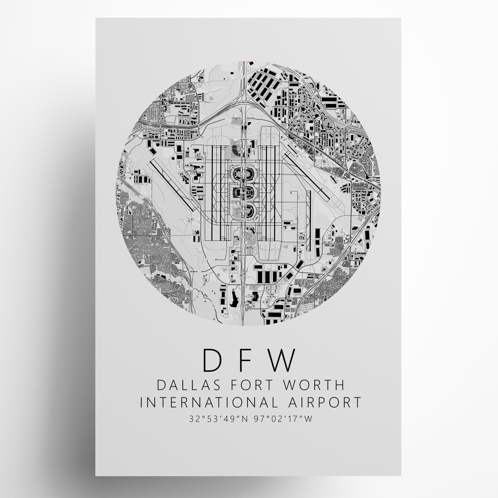 KDFW Dallas Fort Worth International Airport B&W Map Print