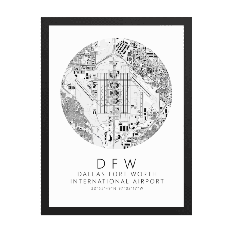KDFW Dallas Fort Worth International Airport B&W Map Print