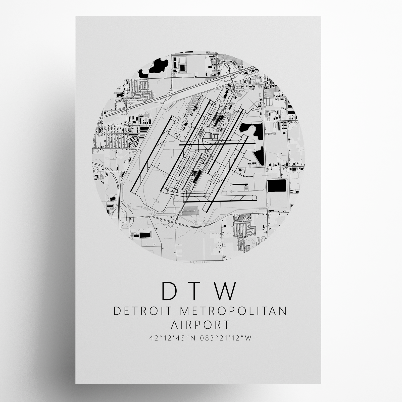 KDTW Detroit Metropolitan Airport B&W Map Print