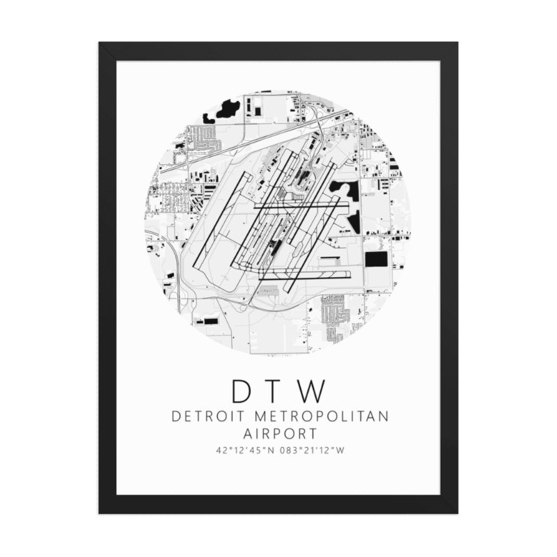 KDTW Detroit Metropolitan Airport B&W Map Print