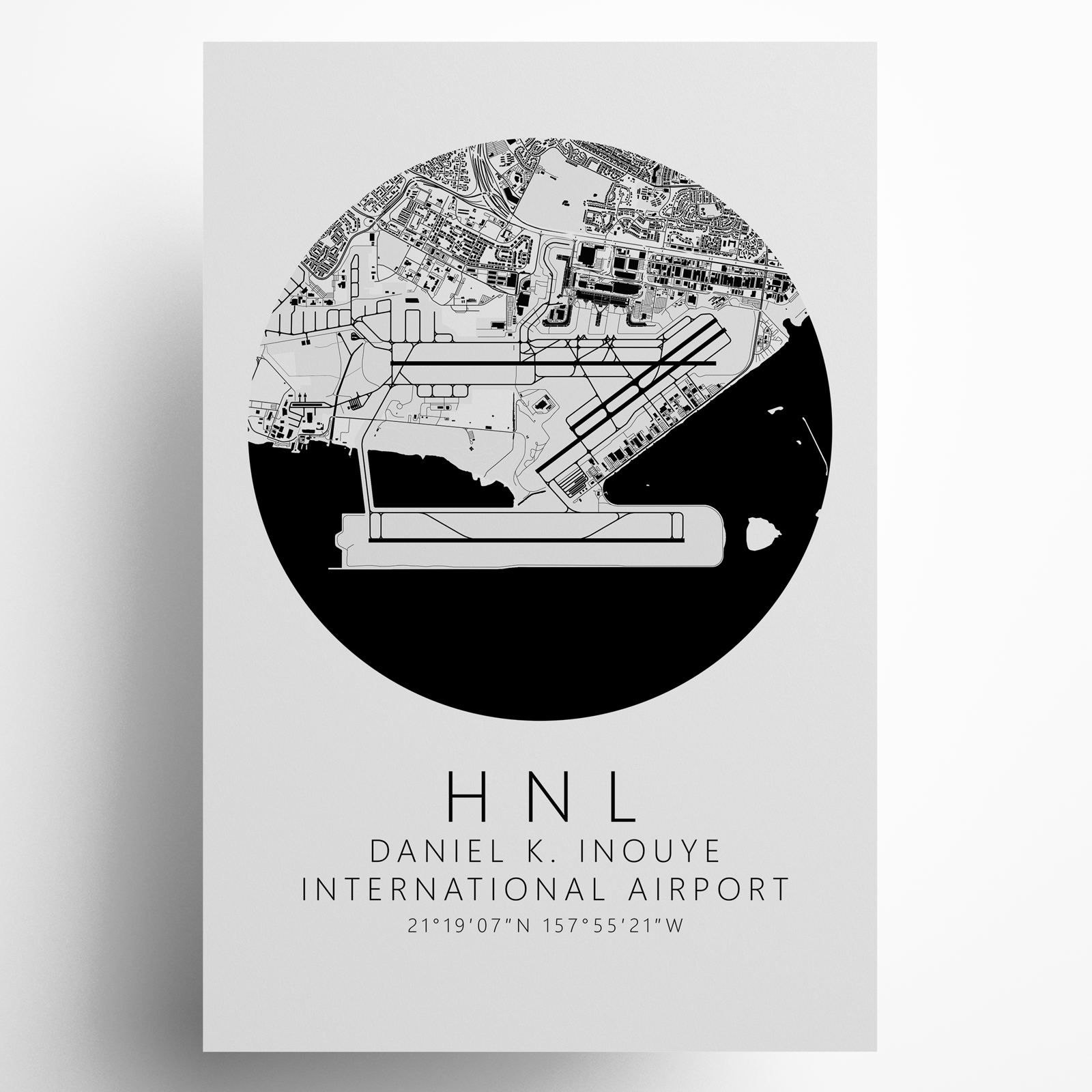 PHNL Daniel K. Inouye International Airport B&W Map Print