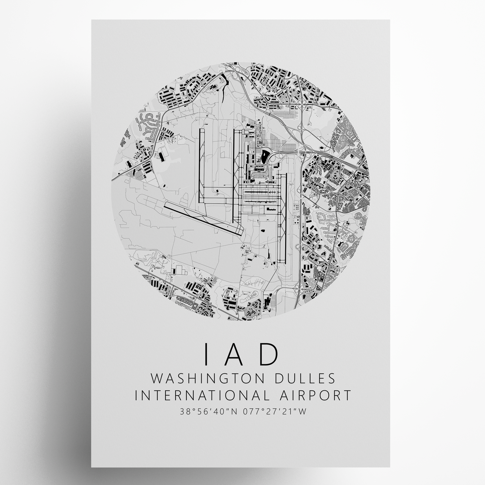 KIAD Washington Dulles International Airport B&W Map Print