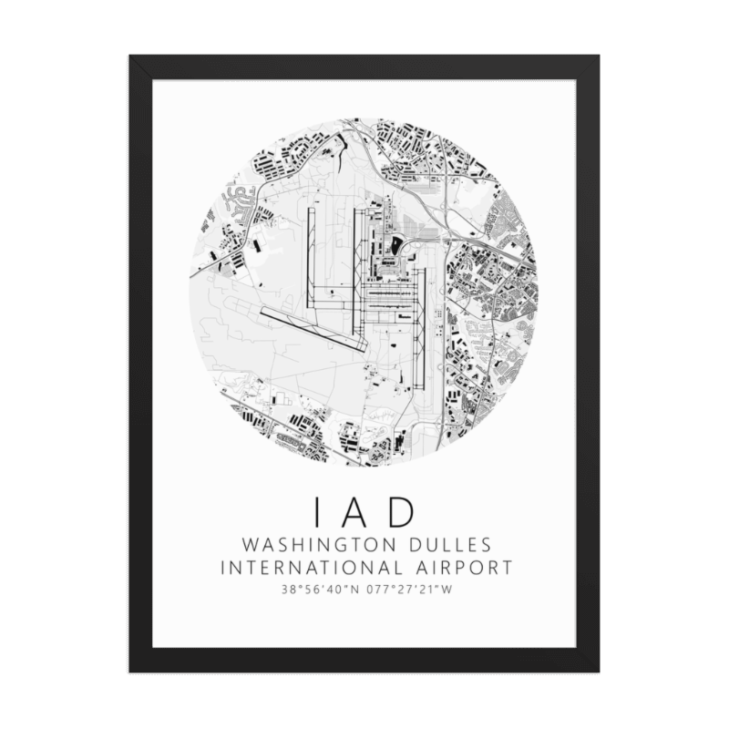 KIAD Washington Dulles International Airport B&W Map Print
