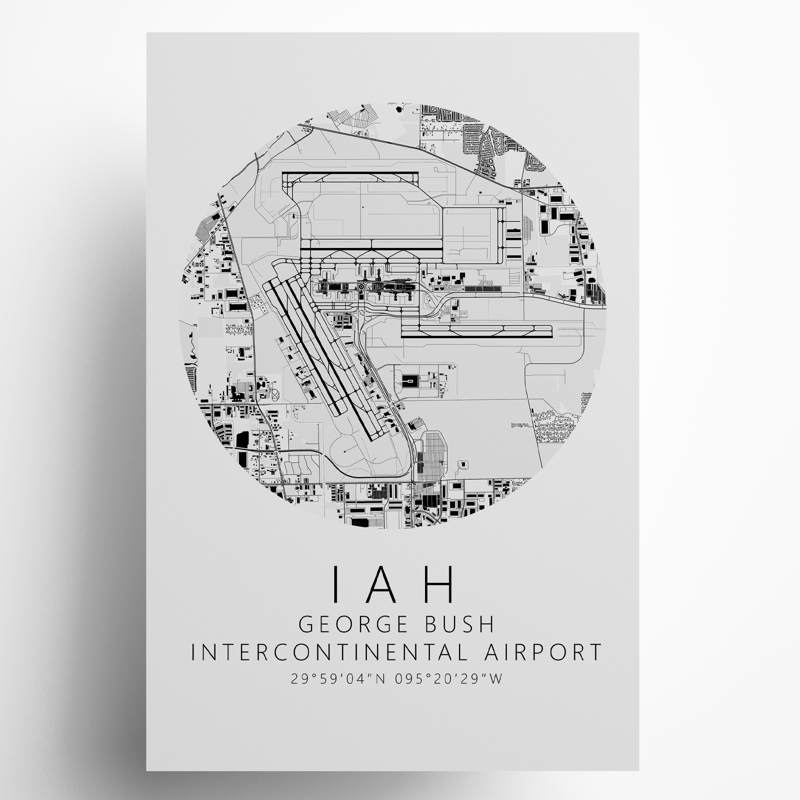 KIAH George Bush Intercontinental Airport B&W Map Print