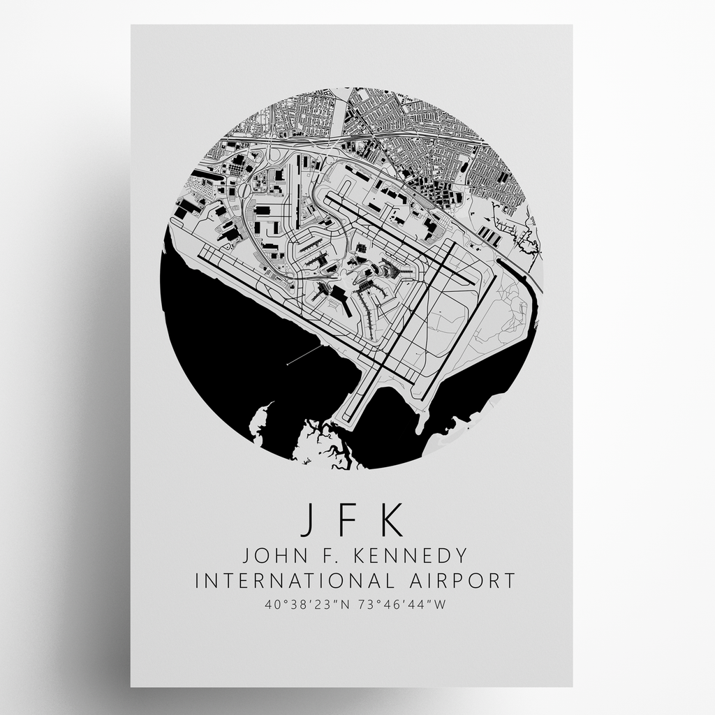KJFK John F. Kennedy International Airport B&W Map Print