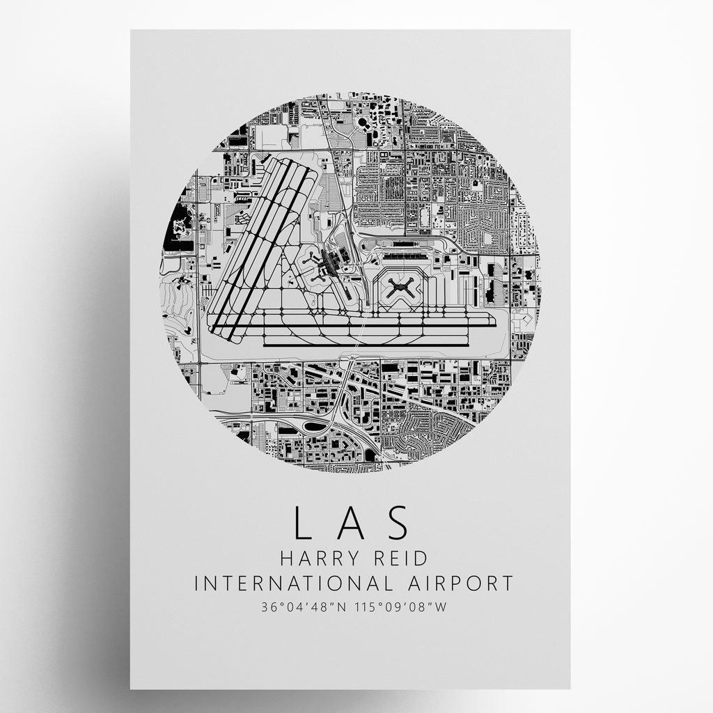 KLAS Harry Reid International Airport B&W Map Print
