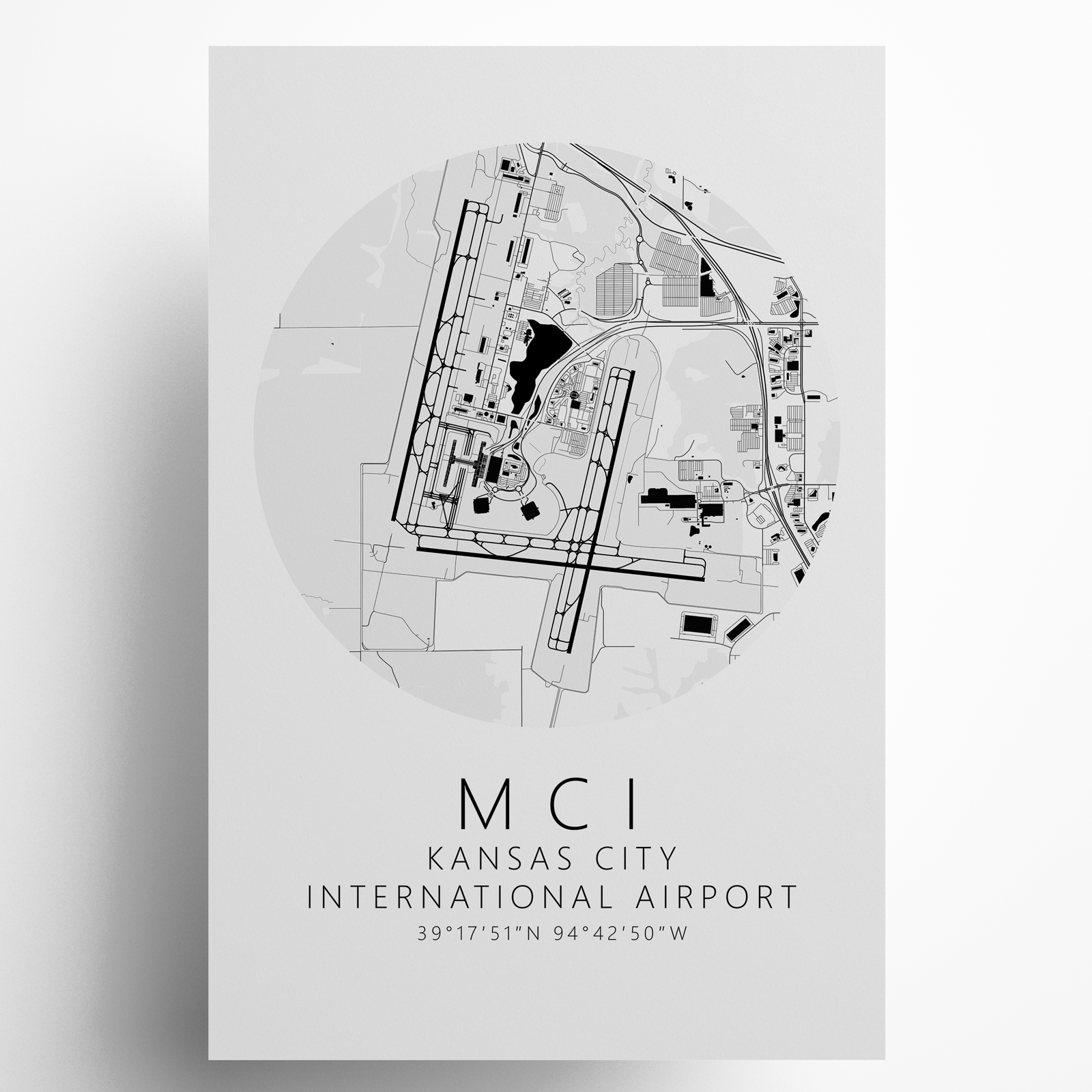 KMCI Kansas City International Airport B&W Map Print