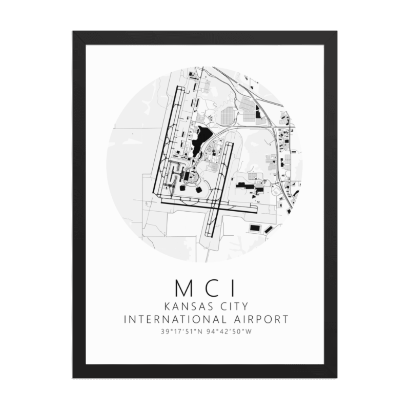 KMCI Kansas City International Airport B&W Map Print