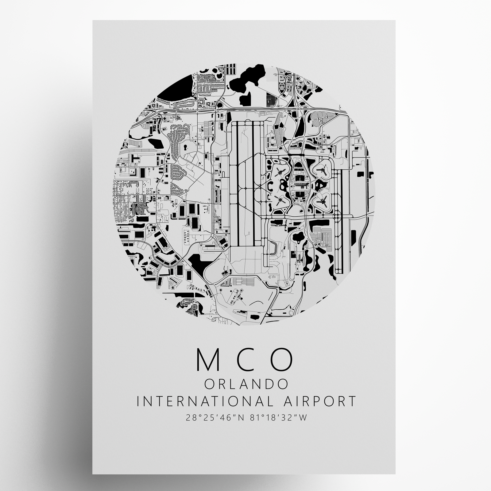 KMCO Orlando International Airport B&W Map Print