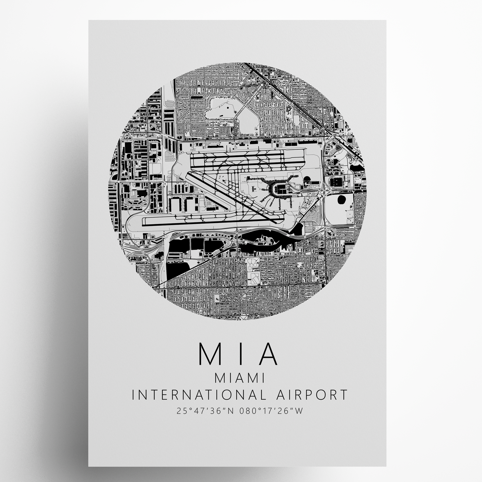KMIA Miami International Airport B&W Map Print