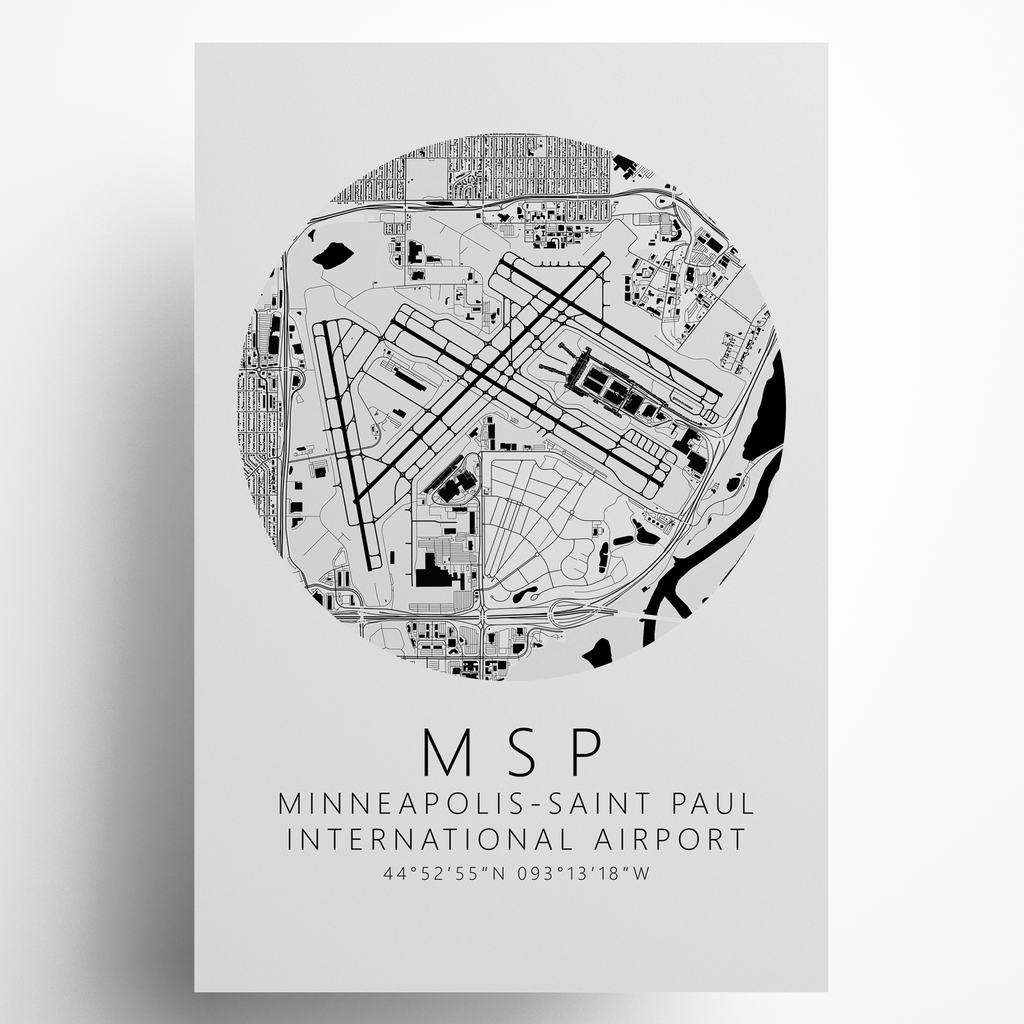 KMSP Minneapolis-Saint Paul International Airport B&W Map Print