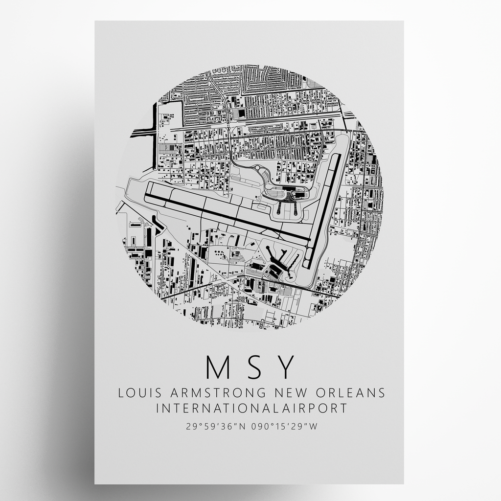 KMSY Louis Armstrong New Orleans International Airport B&W Map Print