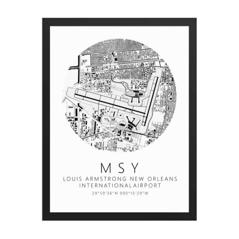 KMSY Louis Armstrong New Orleans International Airport B&W Map Print