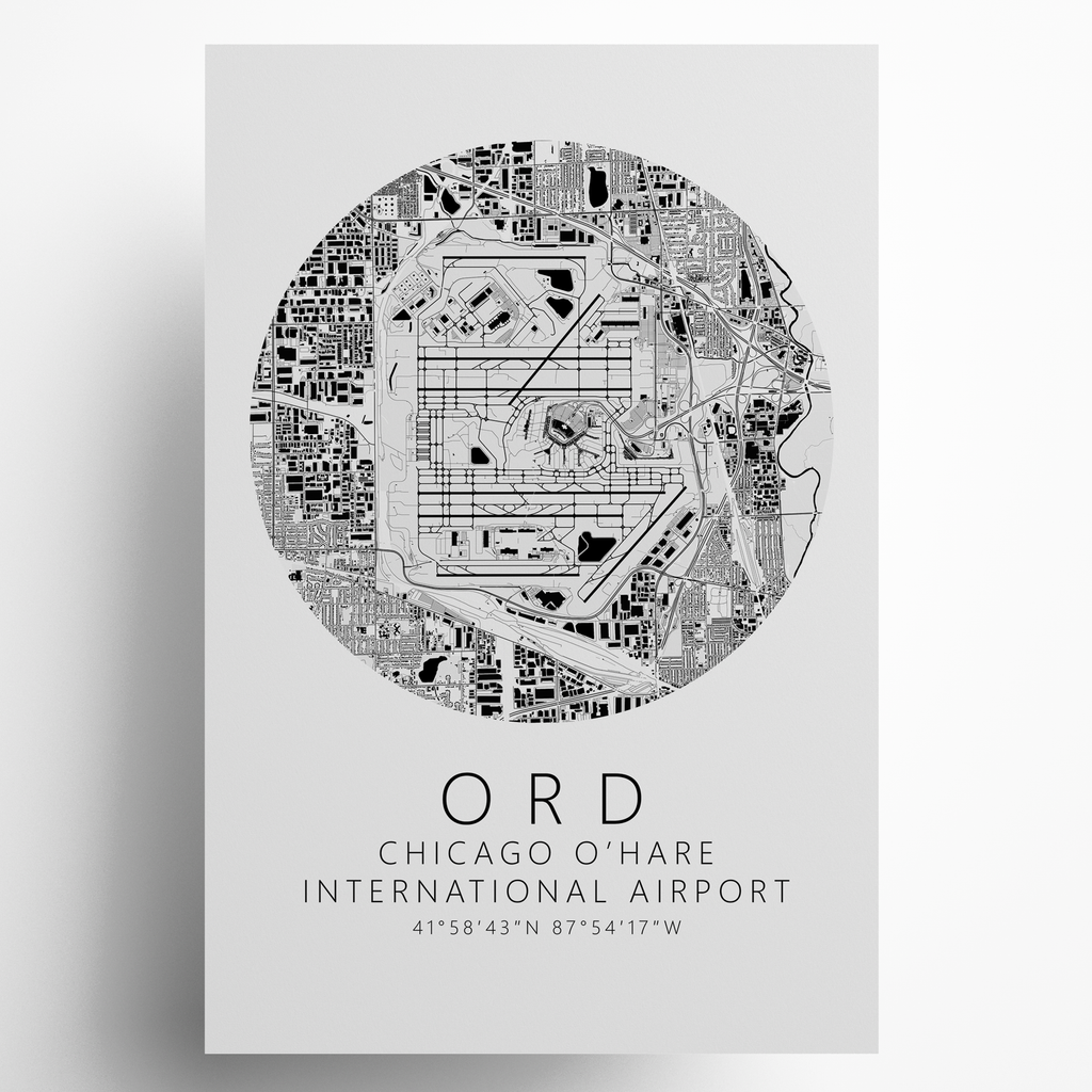 KORD Chicago O'Hare International Airport B&W Map Print