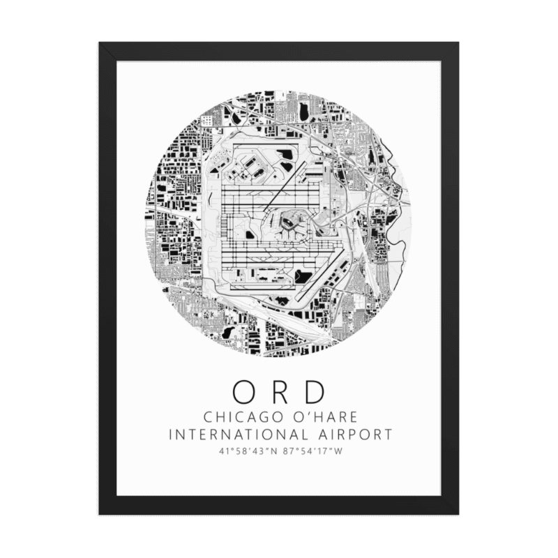KORD Chicago O'Hare International Airport B&W Map Print
