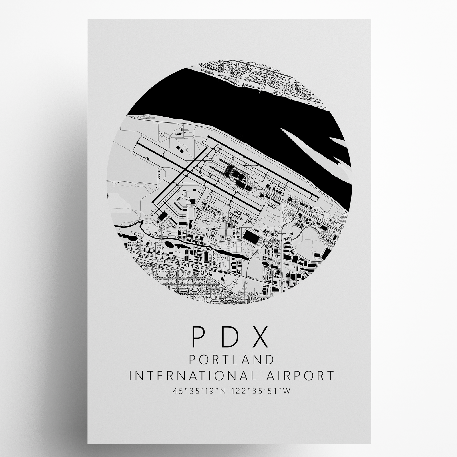 KPDX Portland International Airport B&W Map Print