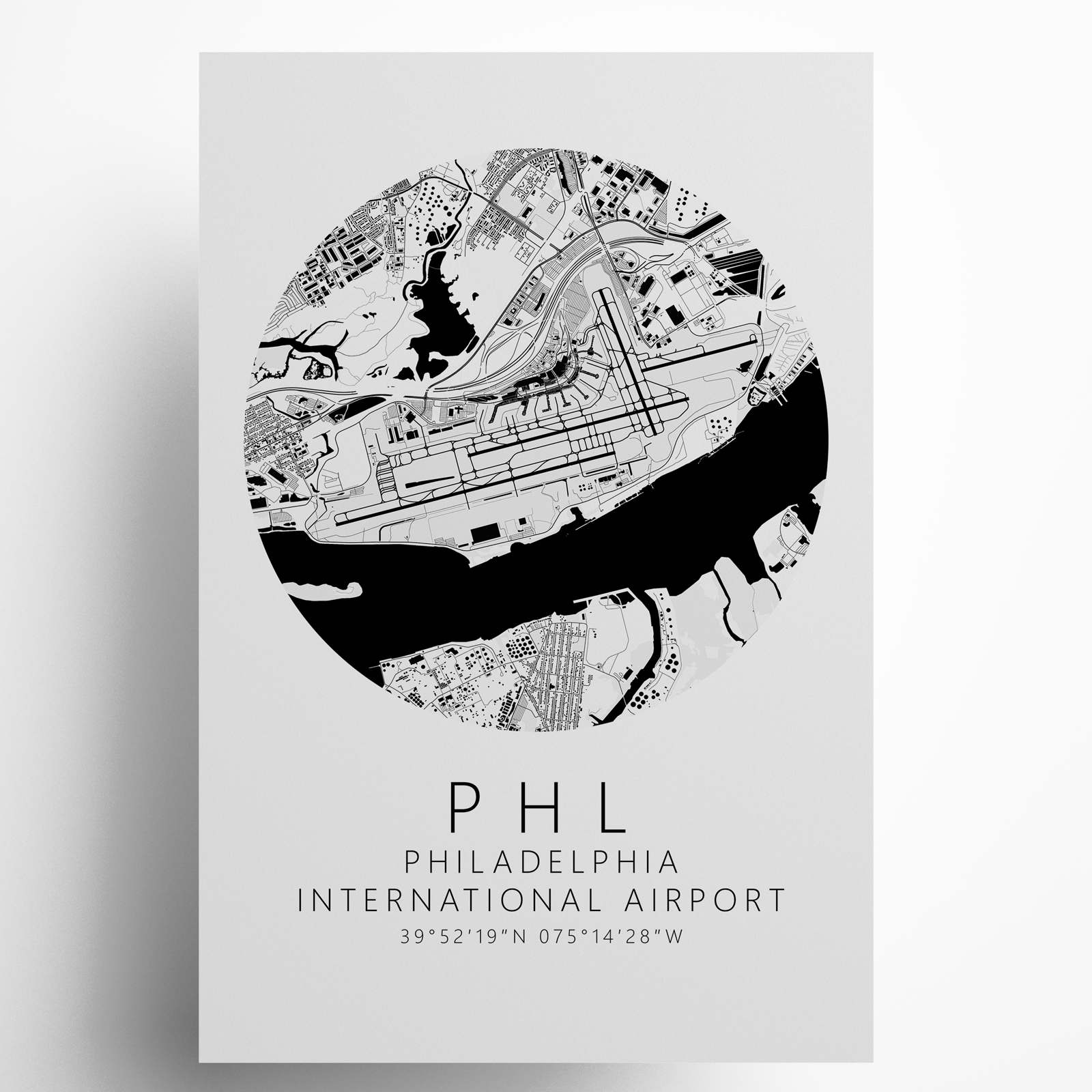 KPHL Philadelphia International Airport B&W Map Print