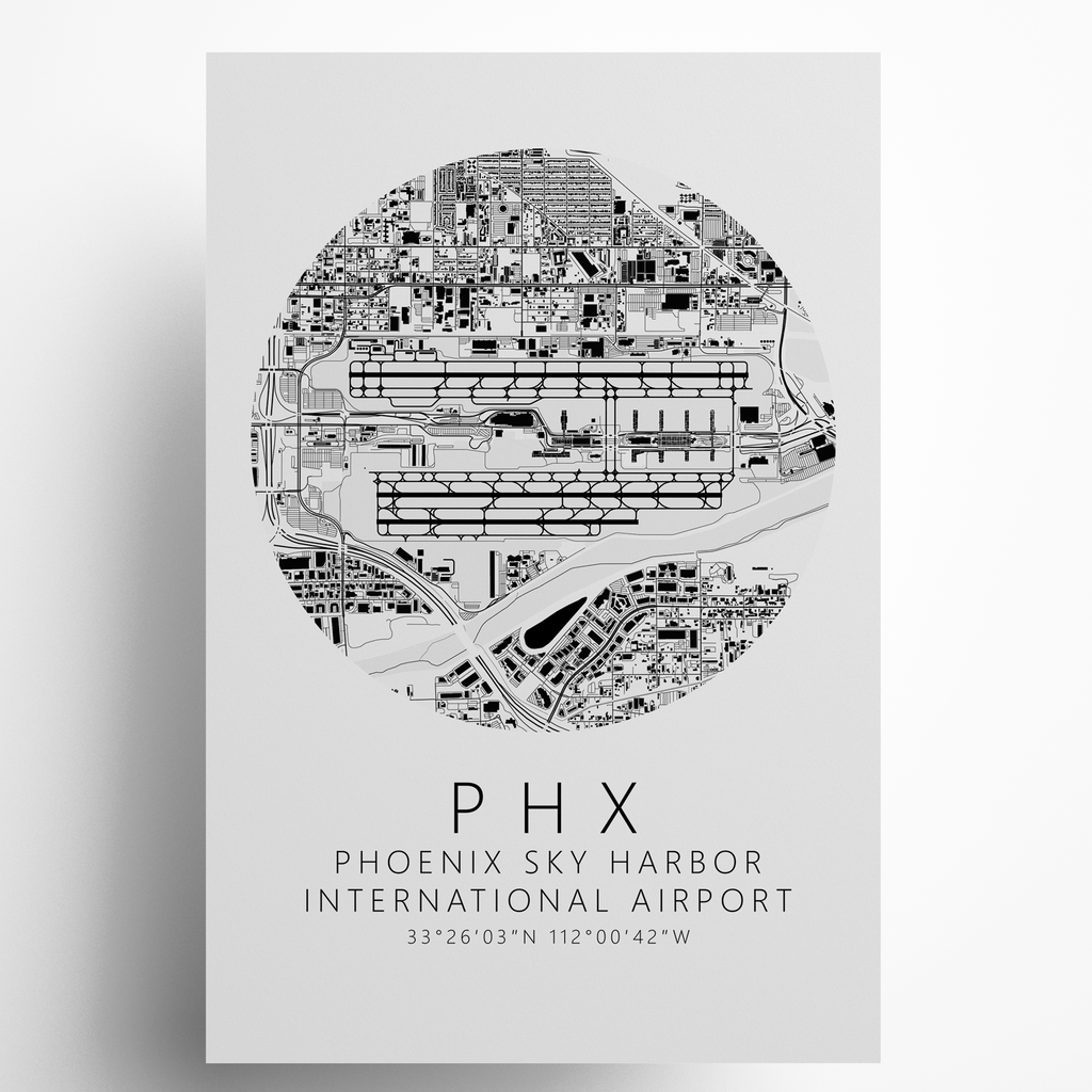 KPHX Phoenix Sky Harbor International Airport B&W Map Print
