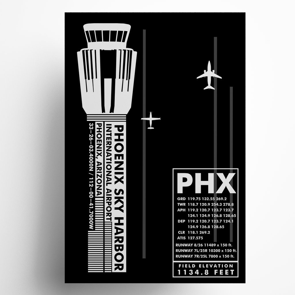 Design of Phoenix Sky Harbor International Airport with airplane icons on a black background