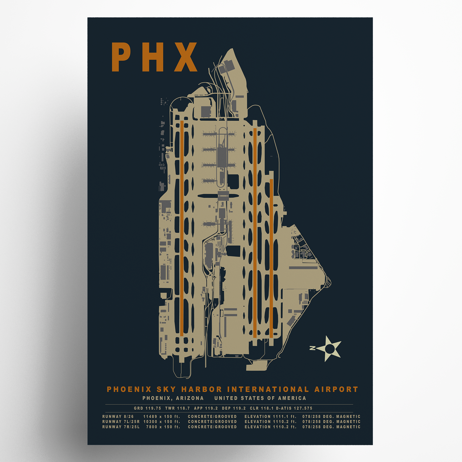 Map of Phoenix Sky Harbor International Airport with 'PHX' in orange on a dark blue background