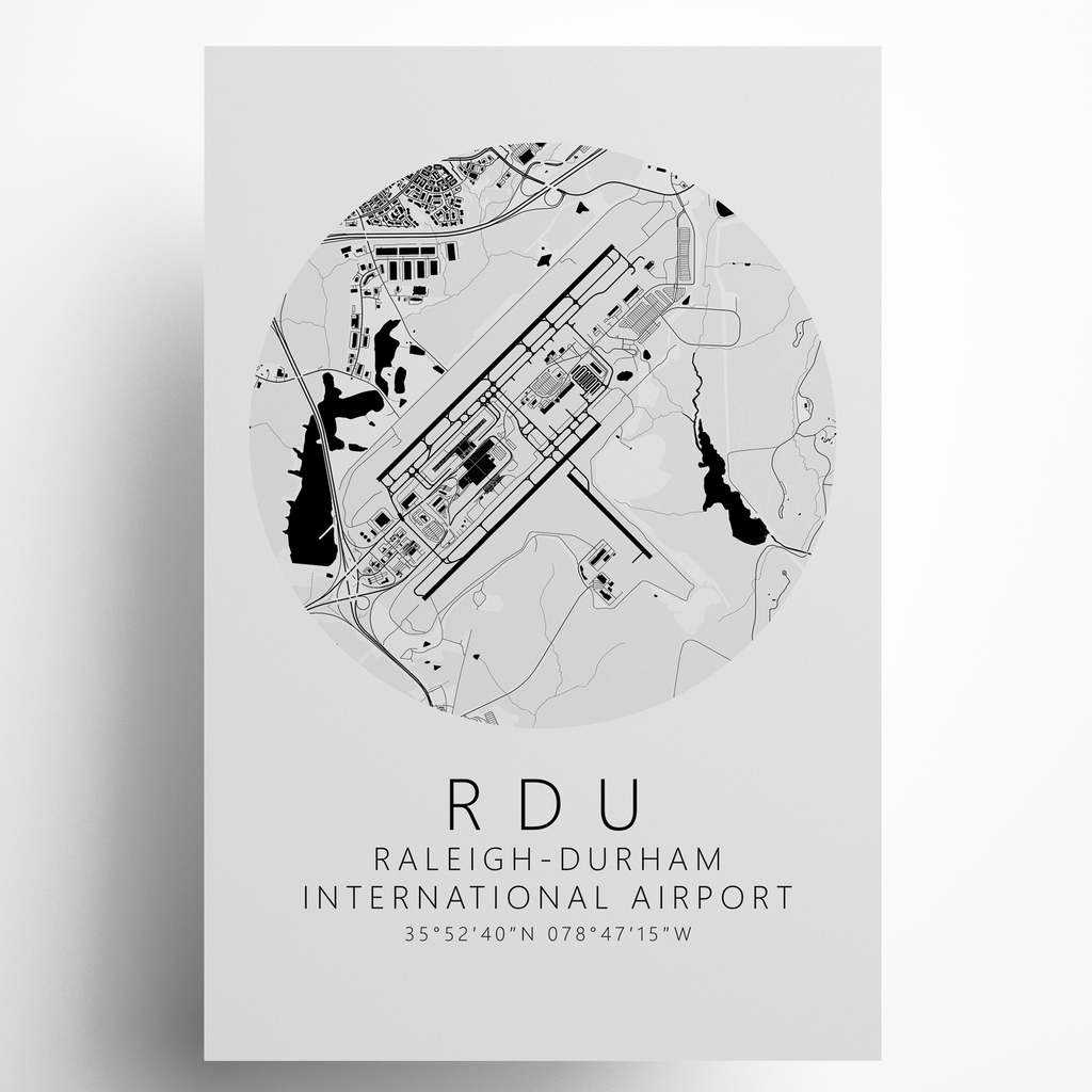 KRDU Raleigh-Durham  International Airport B&W Map Print