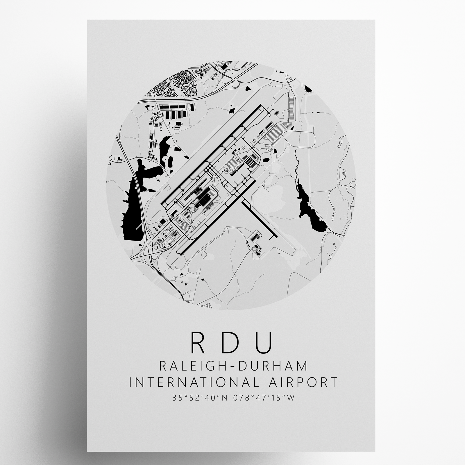 KRDU Raleigh-Durham  International Airport B&W Map Print