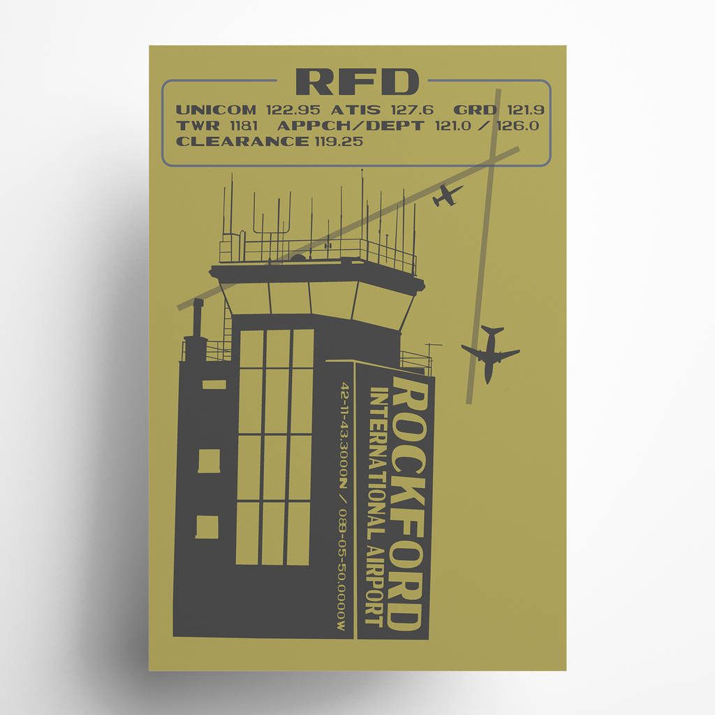 Poster of Rockford International Airport control tower with text on a green background