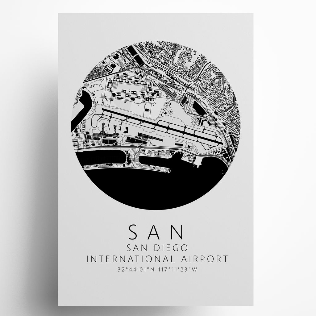 KSAN San Diego International Airport B&W Map Print
