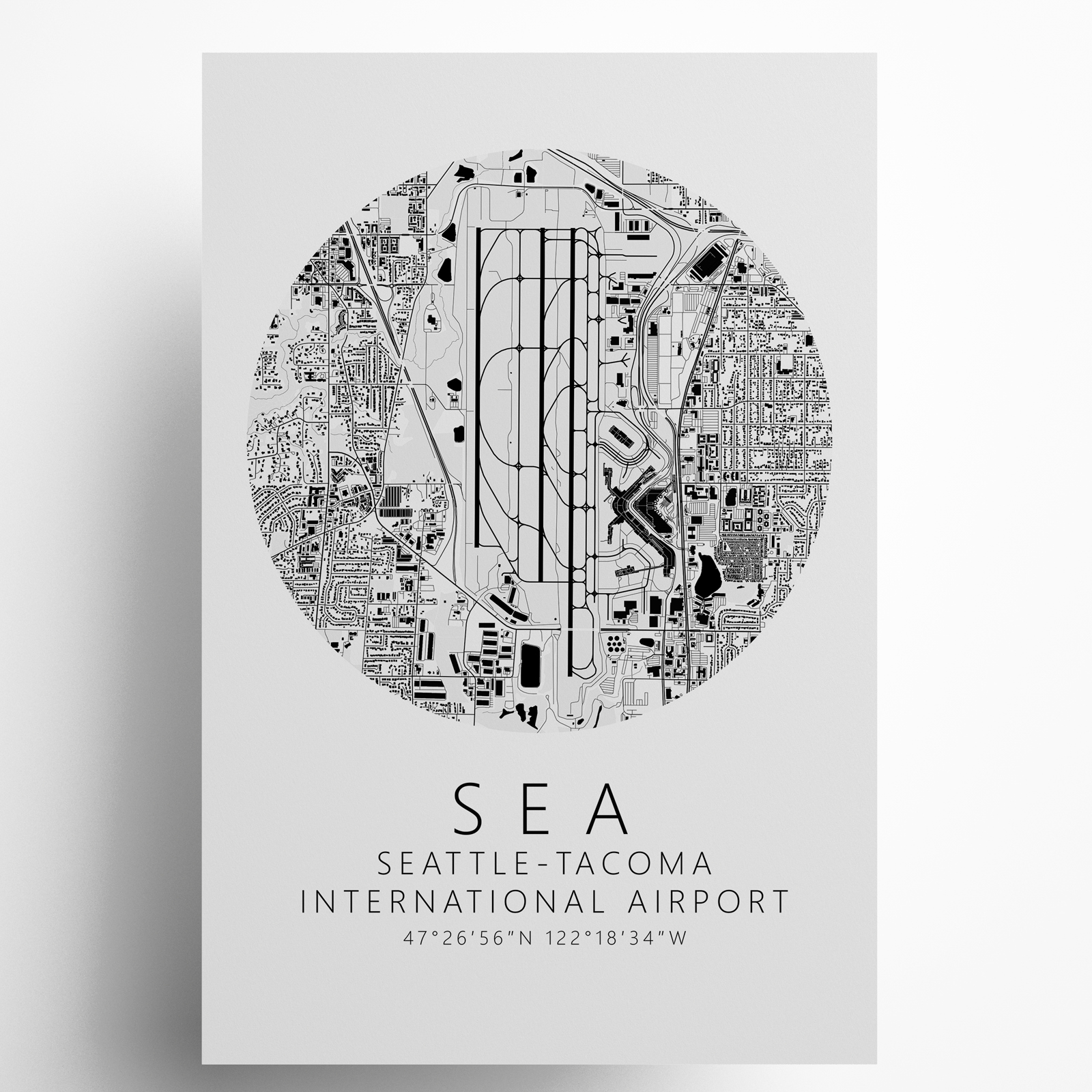 KSEA Seattle-Tacoma International Airport B&W Map Print