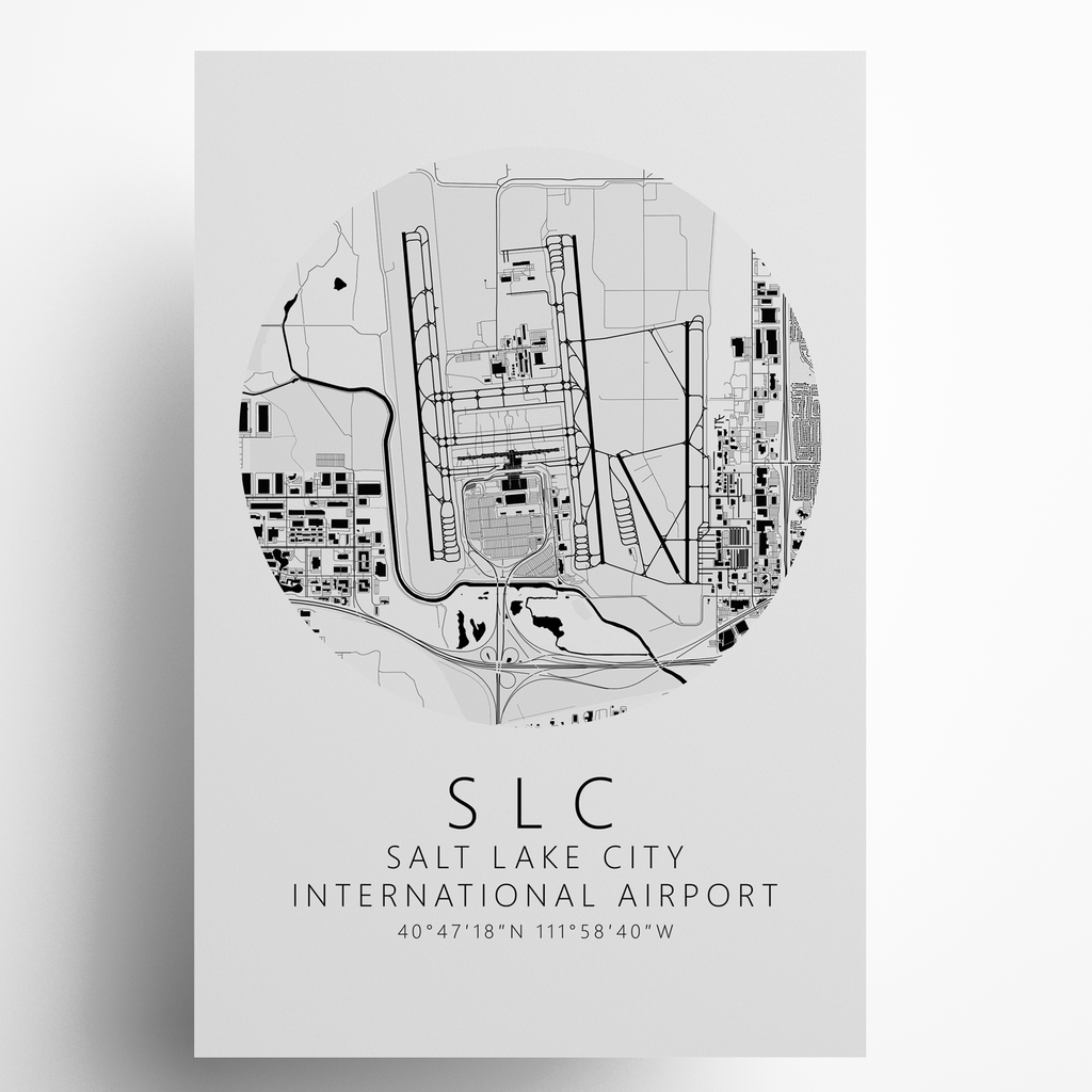 KSLC Salt Lake City International Airport B&W Map Print