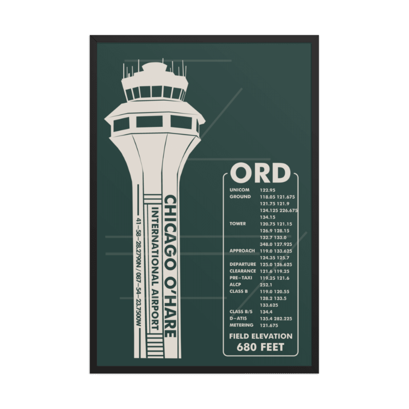 Framed poster of Chicago O'Hare International Airport control tower design on a green background