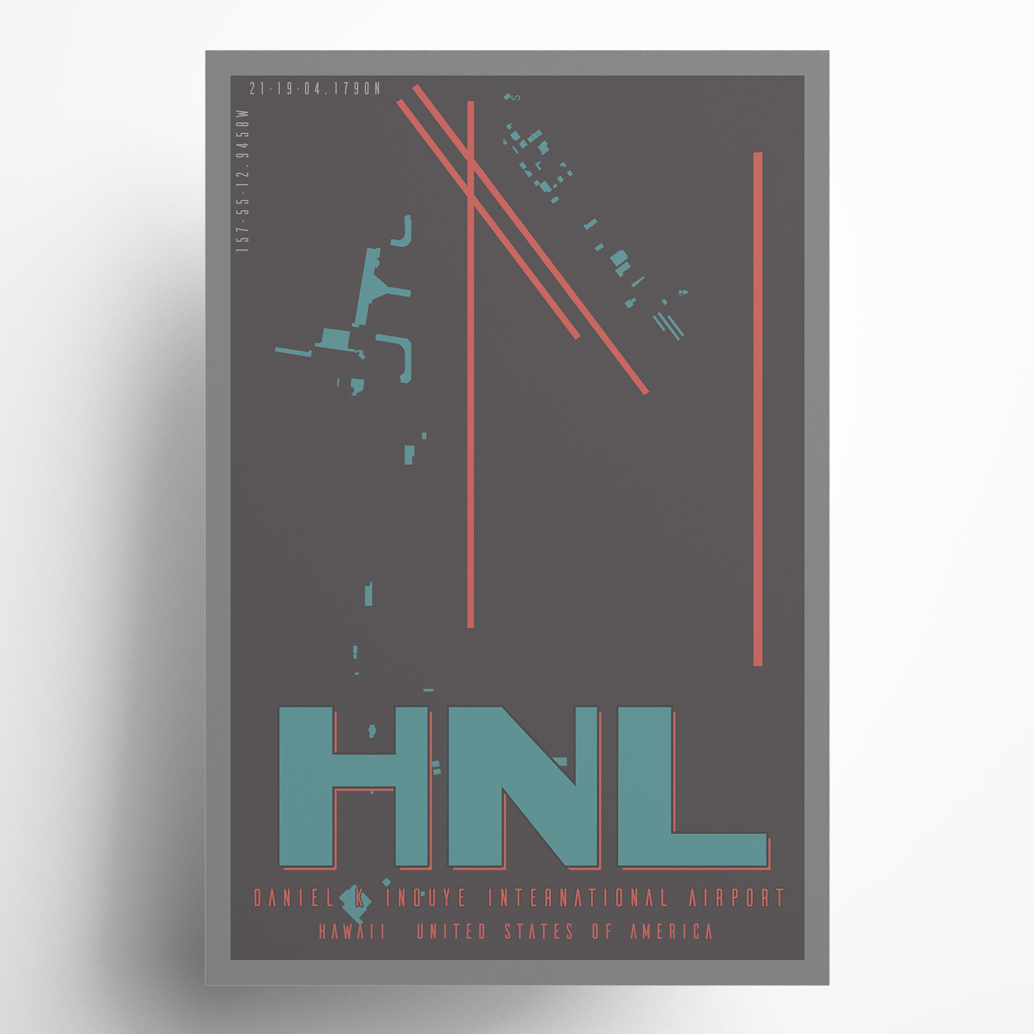Poster with 'HNL' text and airplane silhouette on a dark background