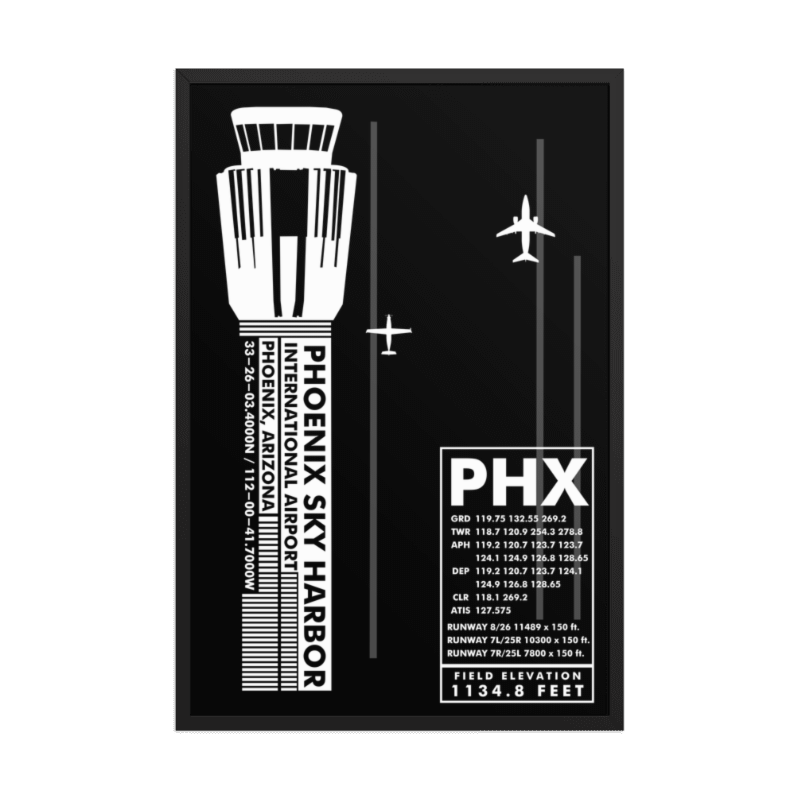 Poster design of Phoenix Sky Harbor International Airport with airplane graphics on a black background