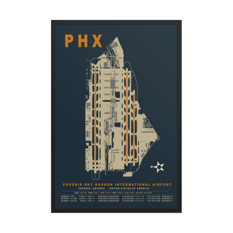 Map of Phoenix Sky Harbor International Airport with 'PHX' on a dark blue background