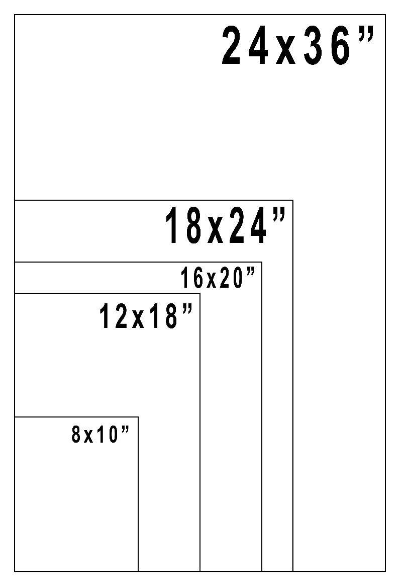 Illustration of various paper sizes with dimensions labeled